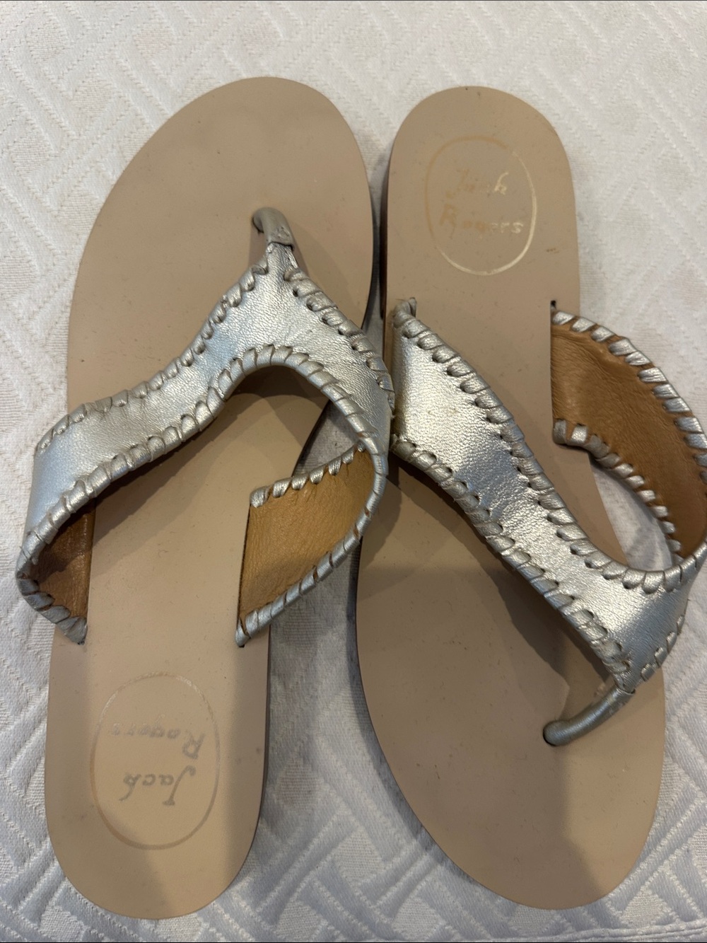 Jack Rogers Silver Metallic Leather Thong Sandals